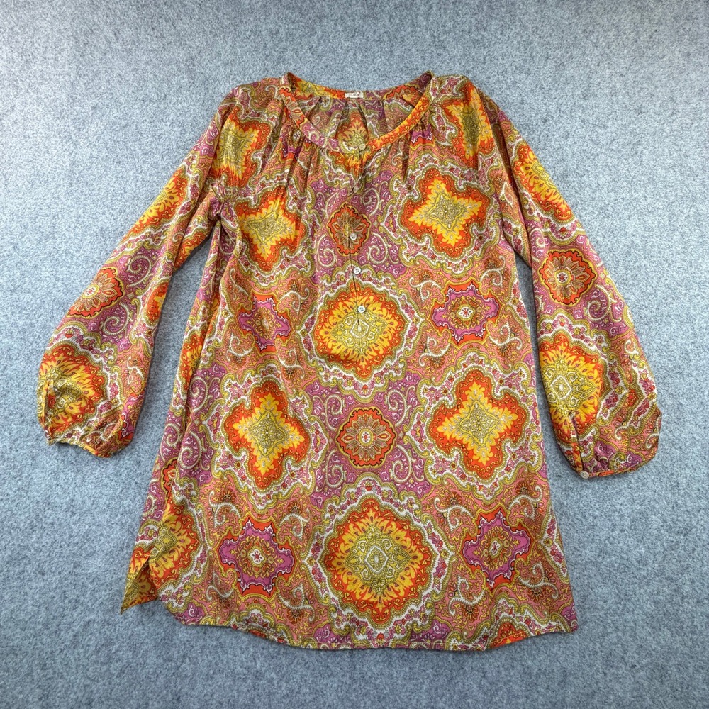 J.Crew 100% Silk Paisley Medallion Tunic Top Orange Pink Size Small